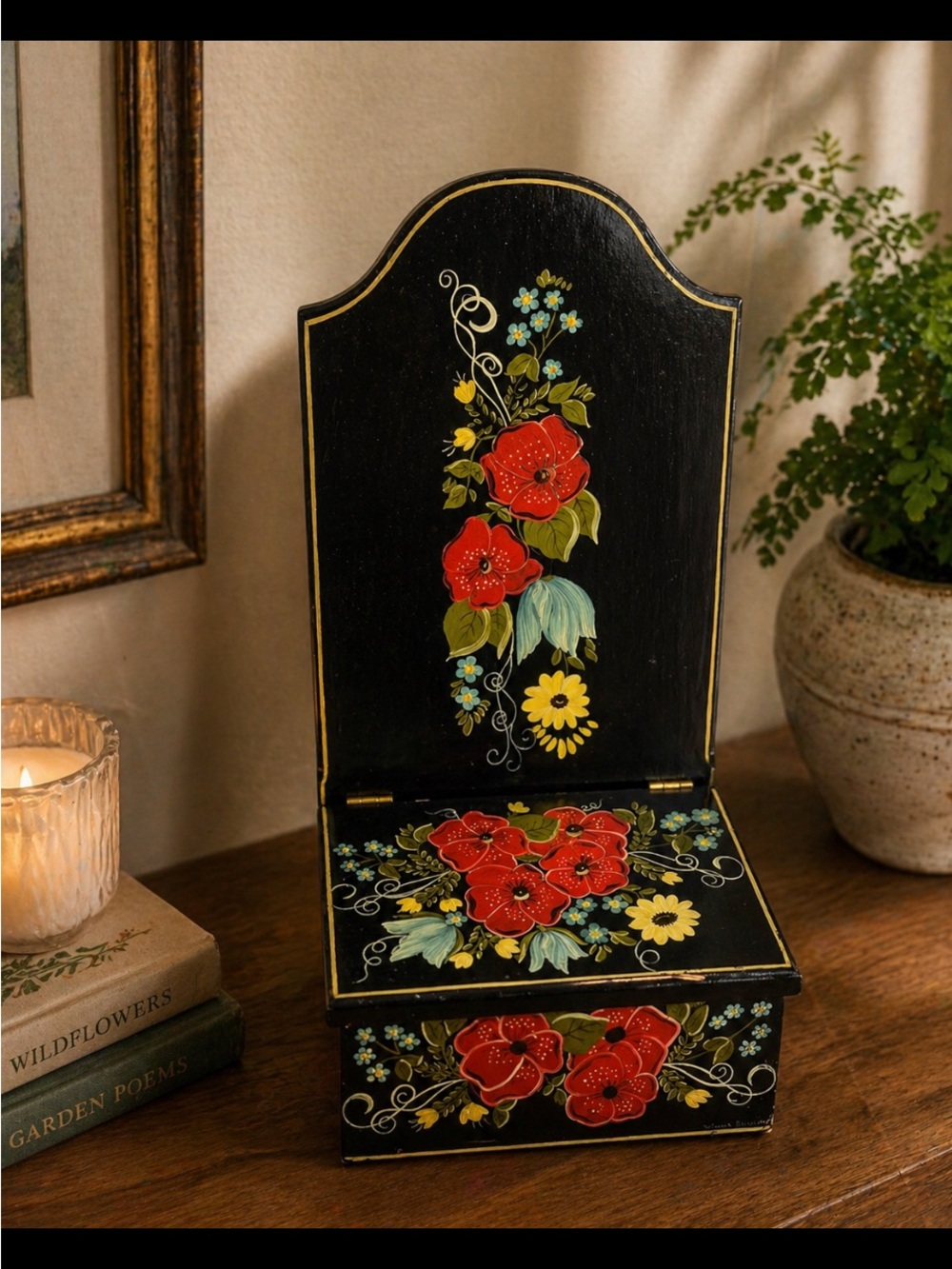 Vintage wooden shelf / hand painted recipe/ storage / letter wall box floral